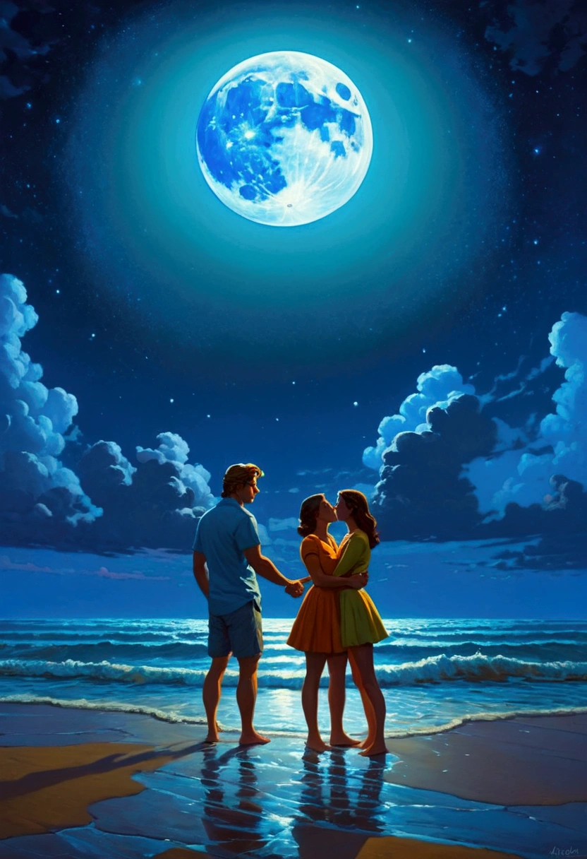 Moonlit Confession, lovers, by rhads, cinematic still, dynamic movement, surreal, (best quality, masterpiece, photorealistic), very aesthetic, perfect composition, intricate details, ultra-detailed, vivid colors