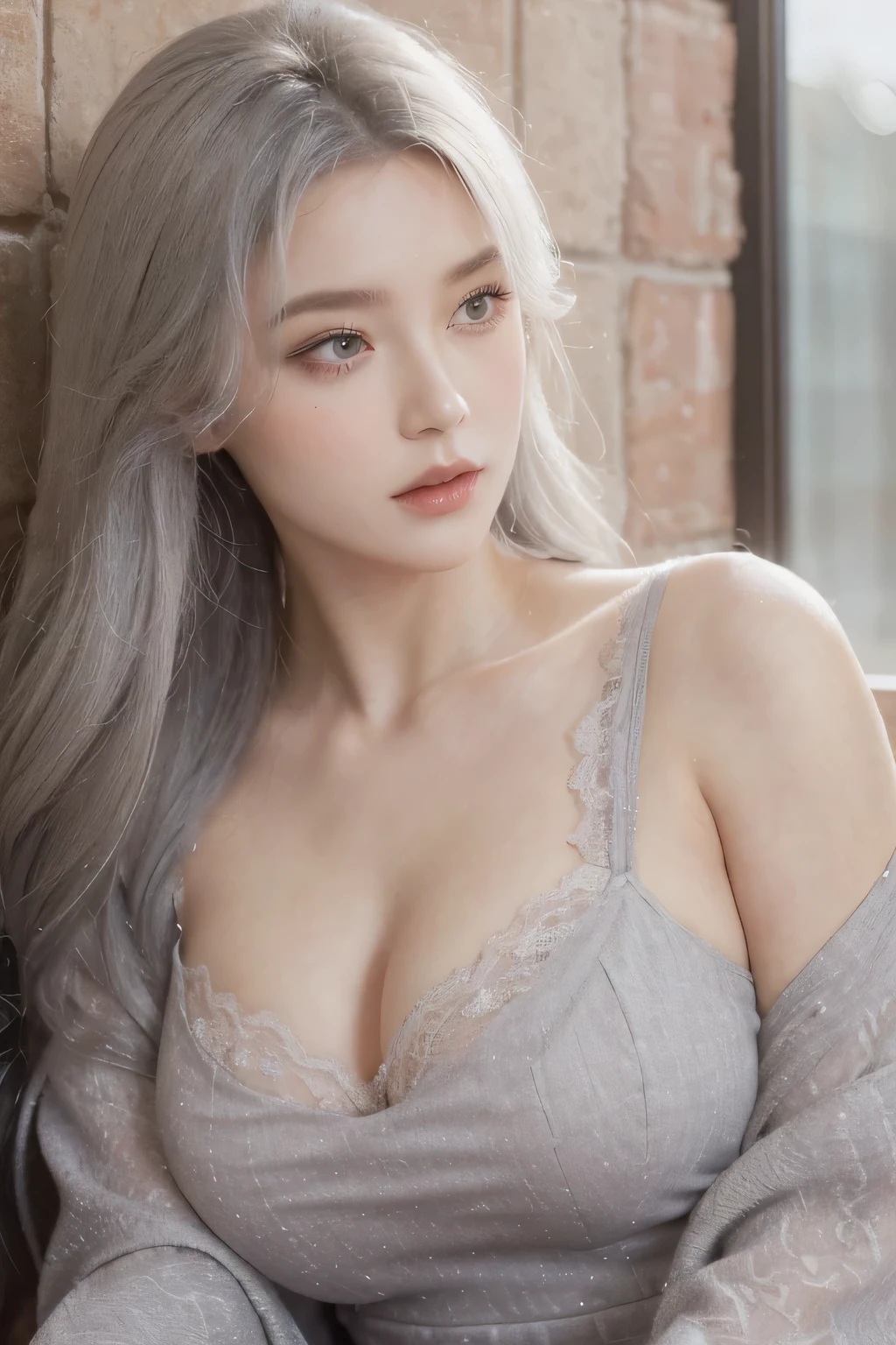 ((best quality)), ((Masterpiece)), (details), 1 girl,gray hair,Wearing a gray lace dress,,beautiful
