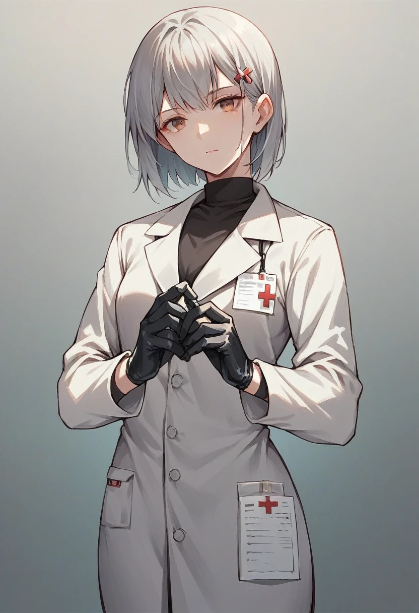 1girl, bangs, ((black medical gloves)), ((((long sleeves)))), looking at viewer, ((gray doctor outfit)), standing, solo