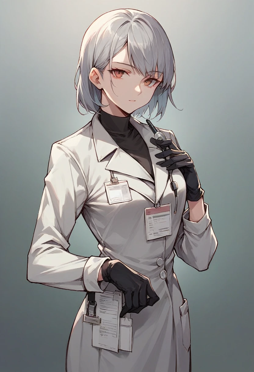 1girl, bangs, ((black medical gloves)), ((((long sleeves)))), looking at viewer, ((gray doctor outfit)), standing, solo