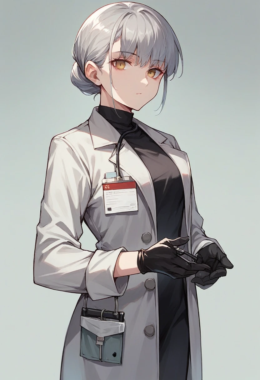 1girl, bangs, ((black medical gloves)), ((((long sleeves)))), looking at viewer, ((gray doctor outfit)), standing, solo