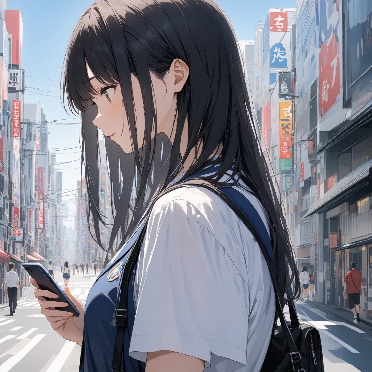 Highest quality, masterpiece, Ultra-high resolution,Landscape, profile, 1 person, Japanese schoolgirl, uniform, Black Hair, long hair, A street like Shibuya in Japan, summer, sunny, Looking down at smartphone, Upper Body,