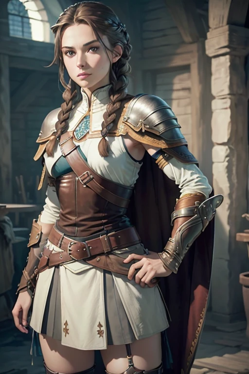 (masterpiece, The best quality) (young warrior woman of nordic descent), (green eyes), (muscular), (leather skirt), (brown hair color),(loose hair with small braids on the scalp), (leather strap top) feathers, cape over the shoulder, bufas, (blue, gray and brown suit).