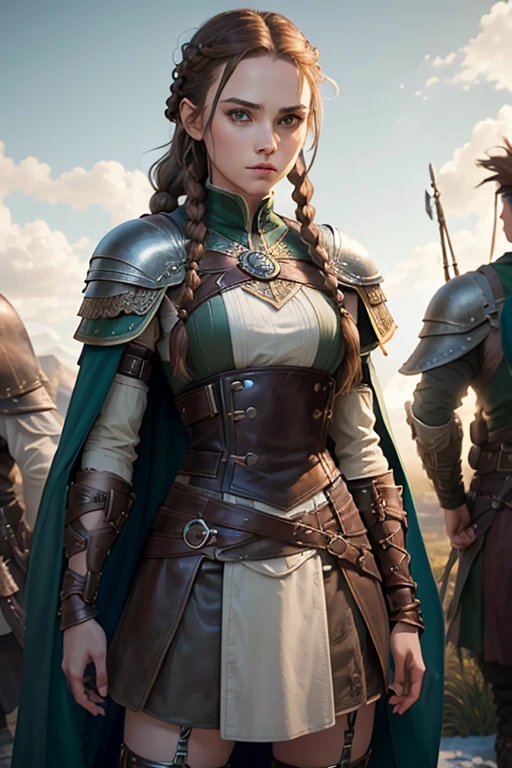 (masterpiece, The best quality) (young warrior woman of nordic descent), (green eyes), (muscular), (leather skirt), (brown hair color),(loose hair with small braids on the scalp), (leather strap top) feathers, cape over the shoulder, bufas, (blue, gray and brown suit).