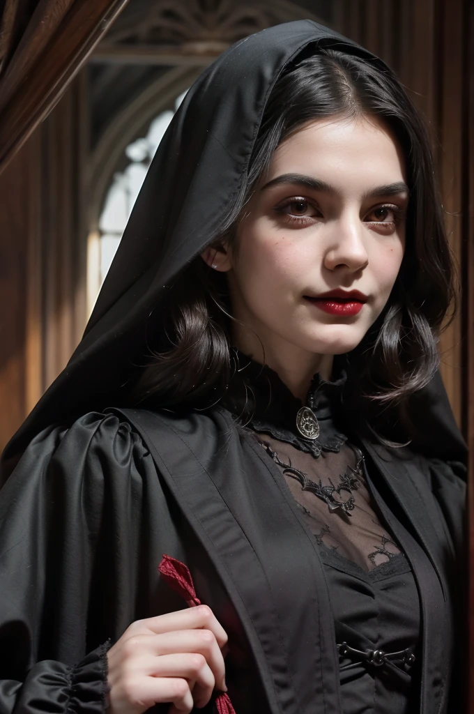 Gothic, vampires, black cloaks, 18th century London, black hair, young face, smile, famous character, high detail of objects, gloomy environment, horror style, good detail of body and hands, full height, high detail 2k