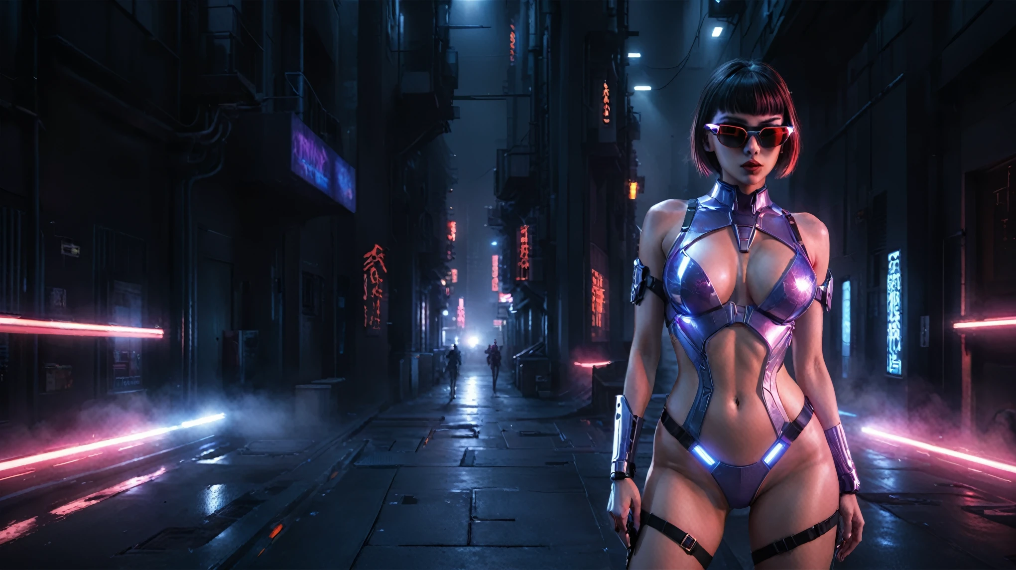 There's a cyborg woman (8k) wearing a futuristic leotard (best quality) standing in a cyberpunk city alley at night, darksynth aesthetic, red neons, haze, foggy night, ultra detailed, photorealistic, (1girl, solo, alone), large-breast:1.2 slim body, cleavage:1.1, (black sunglasses), (holding a pistol:1.8), dynamic pose, half-body thigh level medium shot, cinematic lighting, lens flare, ray tracing.