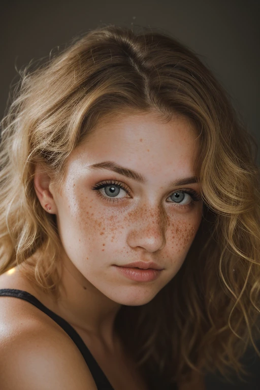 a photo portrait of a beautiful girl with curls and lots of freckles, (dirty blonde hair:1.10), (face portrait:1.5), dramatic light, Rembrandt lighting scheme