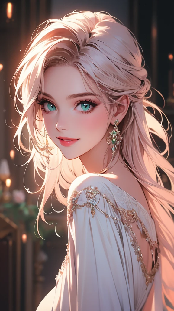 A girl,beautiful detailed eyes,beautiful detailed lips, light pink hair, green eyes, white beautiful long dress, extremely detailed eyes and face,long eyelashes, illustration, ultra-detailed, best quality, 4k, 8k, highres, masterpiece:1.2,ultra-fine painting,sharp focus,professional,vivid colors,portraits, noughty smile.