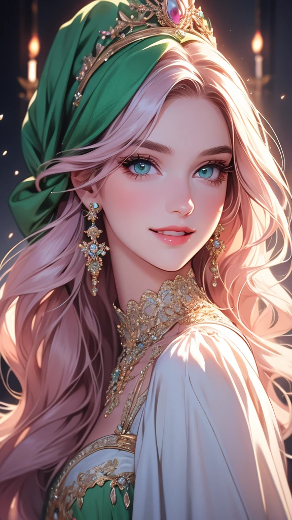 A girl,beautiful detailed eyes,beautiful detailed lips, light pink hair, green eyes, white beautiful long dress, extremely detailed eyes and face,long eyelashes, illustration, ultra-detailed, best quality, 4k, 8k, highres, masterpiece:1.2,ultra-fine painting,sharp focus,professional,vivid colors,portraits, noughty smile.