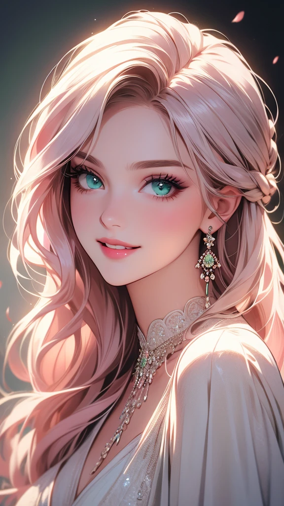 A girl,beautiful detailed eyes,beautiful detailed lips, light pink hair, green eyes, white beautiful long dress, extremely detailed eyes and face,long eyelashes, illustration, ultra-detailed, best quality, 4k, 8k, highres, masterpiece:1.2,ultra-fine painting,sharp focus,professional,vivid colors,portraits, noughty smile.