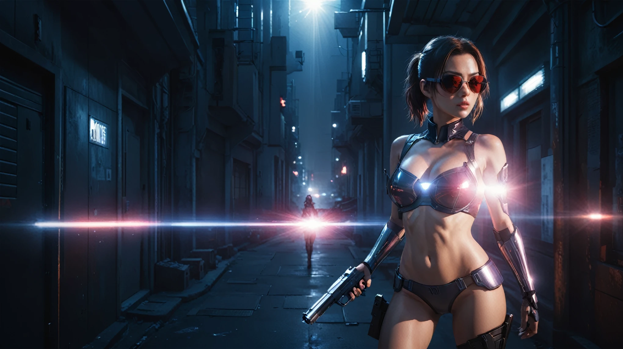 There's a cyborg woman (8k) wearing a futuristic leotard (best quality) standing in a cyberpunk city alley at night, darksynth aesthetic, red neons, haze, foggy night, ultra detailed, photorealistic, (1girl, solo, alone), large-breast:1.2 slim body, cleavage:1.1, (black sunglasses), (((she raised a pistol:1.8 and shot the viewer))), dynamic pose, (((half-body thigh level medium shot))), cinematic lighting, lens flare, ray tracing.