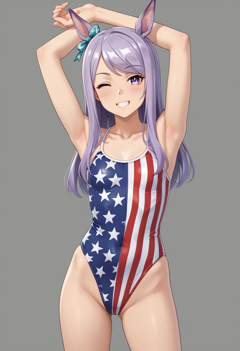 score_9,score_8_up,score_7_up,rating_explicit, source_anime, 1girl, solo, mejiro mcqueen \(umamusume\), looking at viewer, arm up, stretching, american flag swimsuit, american flag print, smile, winking