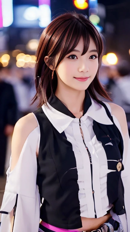 (1 girl, The buttons on the front of her blouse are undone.:1.2), Gorgeous Japanese actresses,
(RAW Photos, highest quality), masterpiece, 
(Realistic, Photorealistic:1.4), 

very delicate and beautiful, very detailed beautiful and detailed nose, beautiful & detailed, cinema lighting, gentle & feminine, 

2k wallpaper, wonderful, finely, very detailed,
Very detailed CG Unity 8k 壁紙, high resolution, 
beautiful detailed lady, very detailed目と顔,
soft light, bob hair, ponytail, short hair with bangs, hot pink hair, jensen_Huang_Iconic_Black_Jacket 

BREAK

(Rain: 1.2), Tokyo Shibuya, City Lights, 
Perfect Anatomy, slender body, medium breasts, kind smile, zoom-in face to waist, (candid_Shot RNG 25%), medium shot or cowboy shot, bokeh, SFW,)