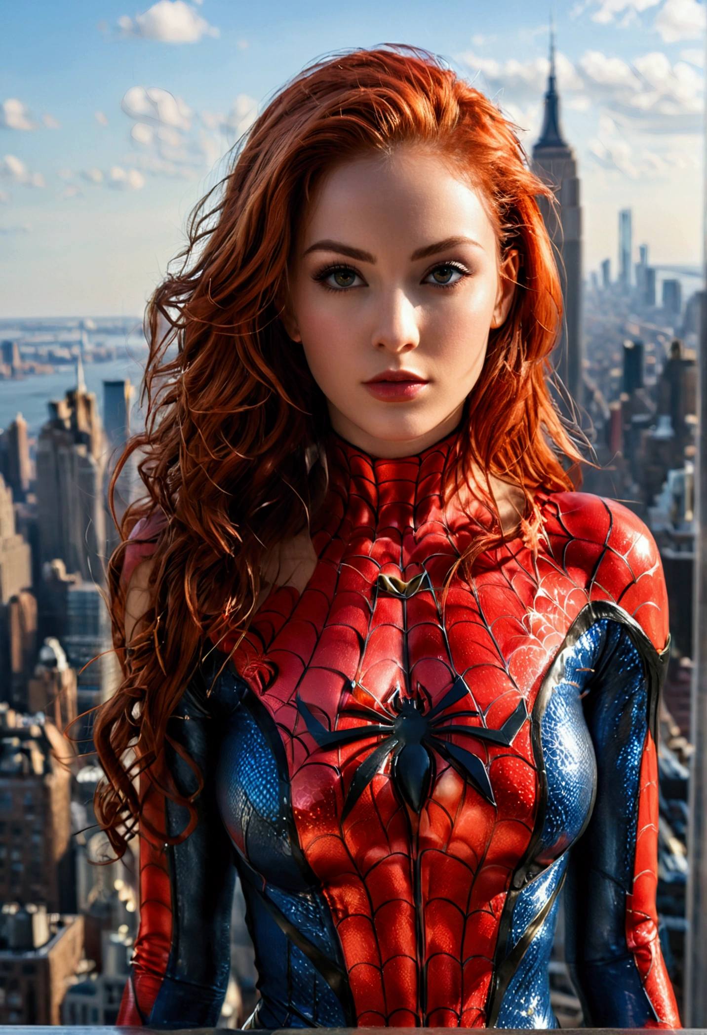 (full body shot:1) photorealistic image of a (standing pose:1) woman, ultrarealistic, photography, long red hair, woman, 24 years old, hourglass figure, perfect body, Flirty look, natural medium breasts, blur background, wearing a spider-woman suit, cleavage, standing on the Empire State Building