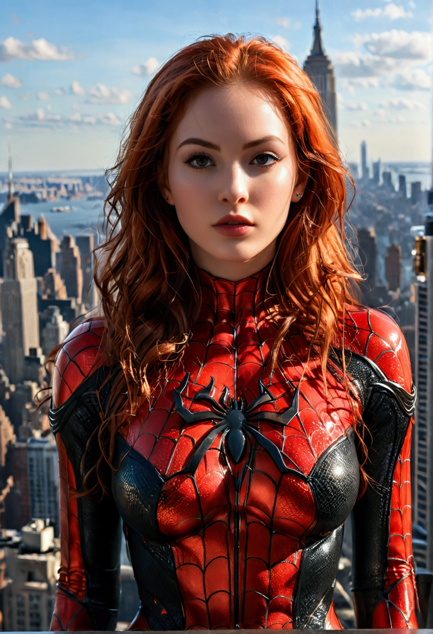 (full body shot:1) photorealistic image of a (standing pose:1) woman, ultrarealistic, photography, long red hair, woman, 24 years old, hourglass figure, perfect body, Flirty look, natural medium breasts, blur background, wearing a spider-woman suit, cleavage, standing on the Empire State Building