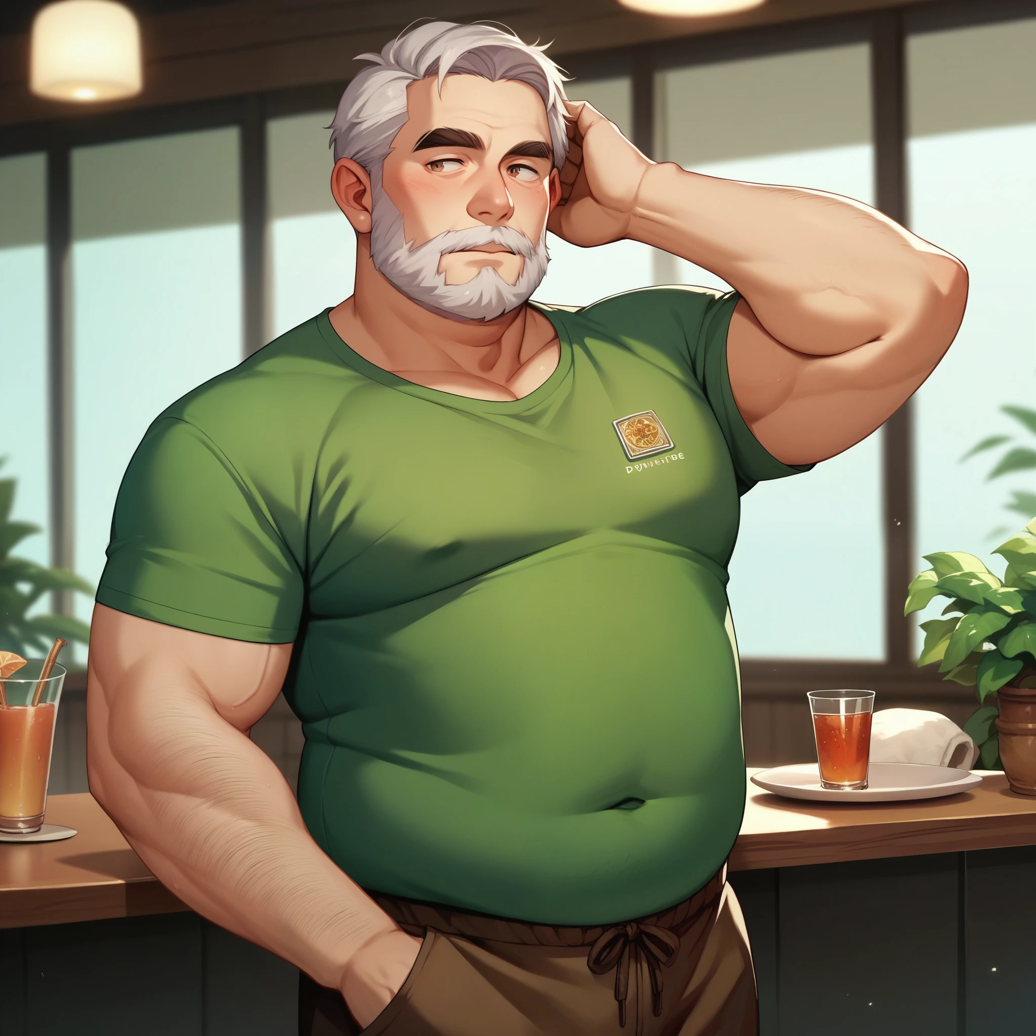 score_9,score_8_up,score_7_up, score_6_up, score_5_up,source_anime, a tall handsome old man, silver hair, trimmed beard, average body, skinny fat, slightly chubby, hairy,  detectives clothing, brown Peacoat, blushing, hand behind head, in a cafe