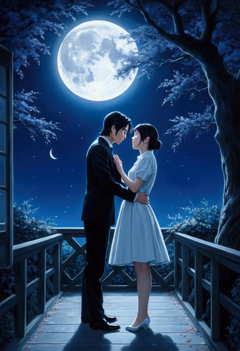 Moonlit Confession, lovers, by Tsukasa Hojo, cinematic still, dynamic movement, surreal, (best quality, masterpiece, photorealistic), very aesthetic, perfect composition, intricate details, ultra-detailed, vivid colors