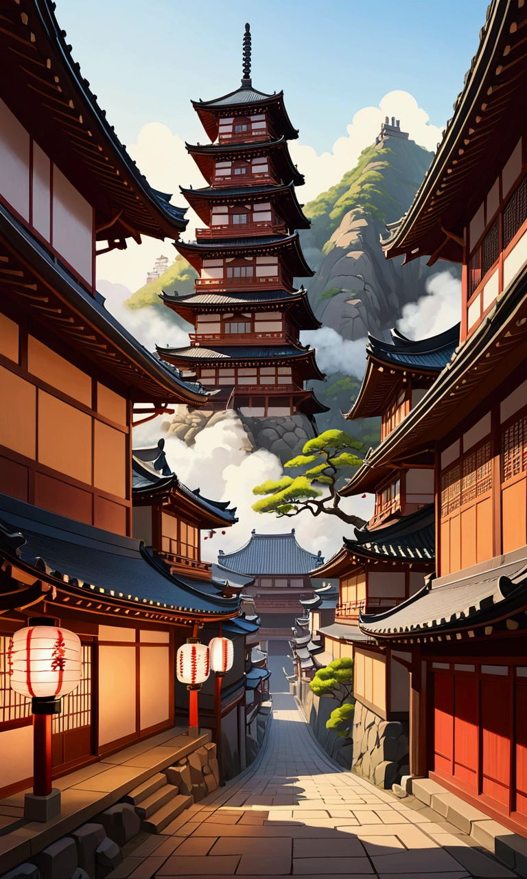 High resolution, Japanese-style streetscape, steep cliff, wooden scaffolding on which Japanese-style buildings are built on the rock face, Japanese-style buildings embedded in the side of the cliff, smoke rising from the chimneys of the pioneers, gorgeous, huge Japanese-style buildings, a shoji-like building below, a tiled roof above it, Chinatown above that, and even higher still, the castle tower, grand, fantasy, realistic, on both sides2Total4Five-story pagoda, lanterns, lights coming from shoji screens, vibrant ancient city, Japanese style, many overlapping tile roofs, unstable Japanese-style architecture