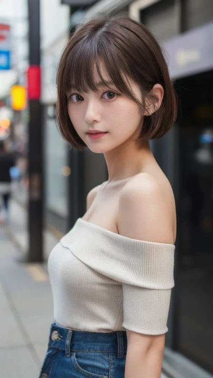 Ultra-high resolution, Superior Quality, Highest quality, Super detailed, Realistic, 8k, RAW Photos, Highest quality, masterpiece, Attractive girl, A wonderful girl, Brown Hair, Shoulder-length layered, Asymmetrical bangs, Japanese Idols, Sophisticated, stylish, Off-the-shoulder tops, Shibuya Ward,