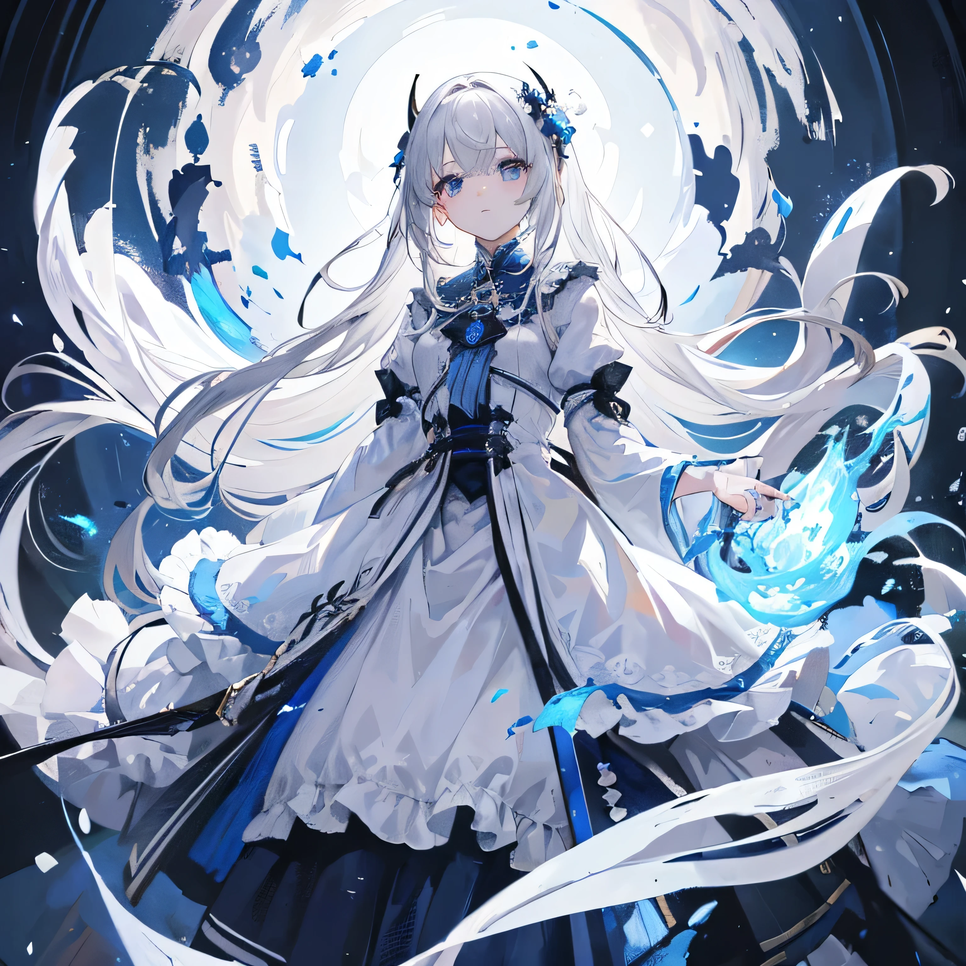 8k resolution、((Highest quality))、((masterpiece))、((Super detailed))、only、One young girl、solo、Unbelievably absurd、Torn white clothes、Long-haired gray hair、Light-colored eyes、1 woman、ghost、Blue Flame、Fantasy、Full body portrait