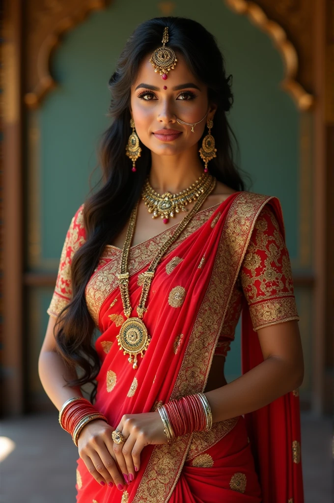 a woman in a sari posing for a picture, indian goddess, traditional beauty, indian, beautiful goddess, ornate cosplay, indian style, indian super model, beautiful maiden, gorgeous woman, south east asian with long, provocative indian, gorgeous beautiful woman, intricate outfit, hindu aesthetic, beautiful asian girl, extremely detailed goddess shot, jaw-dropping beauty, big boobs deep cleavage sexy navel, big boobs deep cleavage, sexy indian women, massive in sexy bikni fusion full body