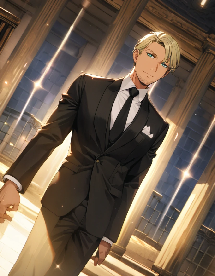 1man, veteran spy agent, quiet mature, business hair with asymmetrical bangs, narrow stubble, green platina blond hair, emerald eyes, 45yo, charming caucasian, handsome uncle, pentagon shaped, BREAK ideal ratio body proportions, middle weight muscular, beautiful detailed eyes, dark pupil, broad waist, BREAK solo, businessman in black suit, black necktie, white shirt, funeral clothing, friendly smile, at wall street, detailed background, BREAK upperlegs, dandy posing, dramatic expression, 2000s, visual novel, in newest eroge style, dutch angle, cinematic shadows, cinematic lighting, lens flare, light leaks, texture, absurdres absolutely resolution, extreme all detailed, masterpiece, best quality