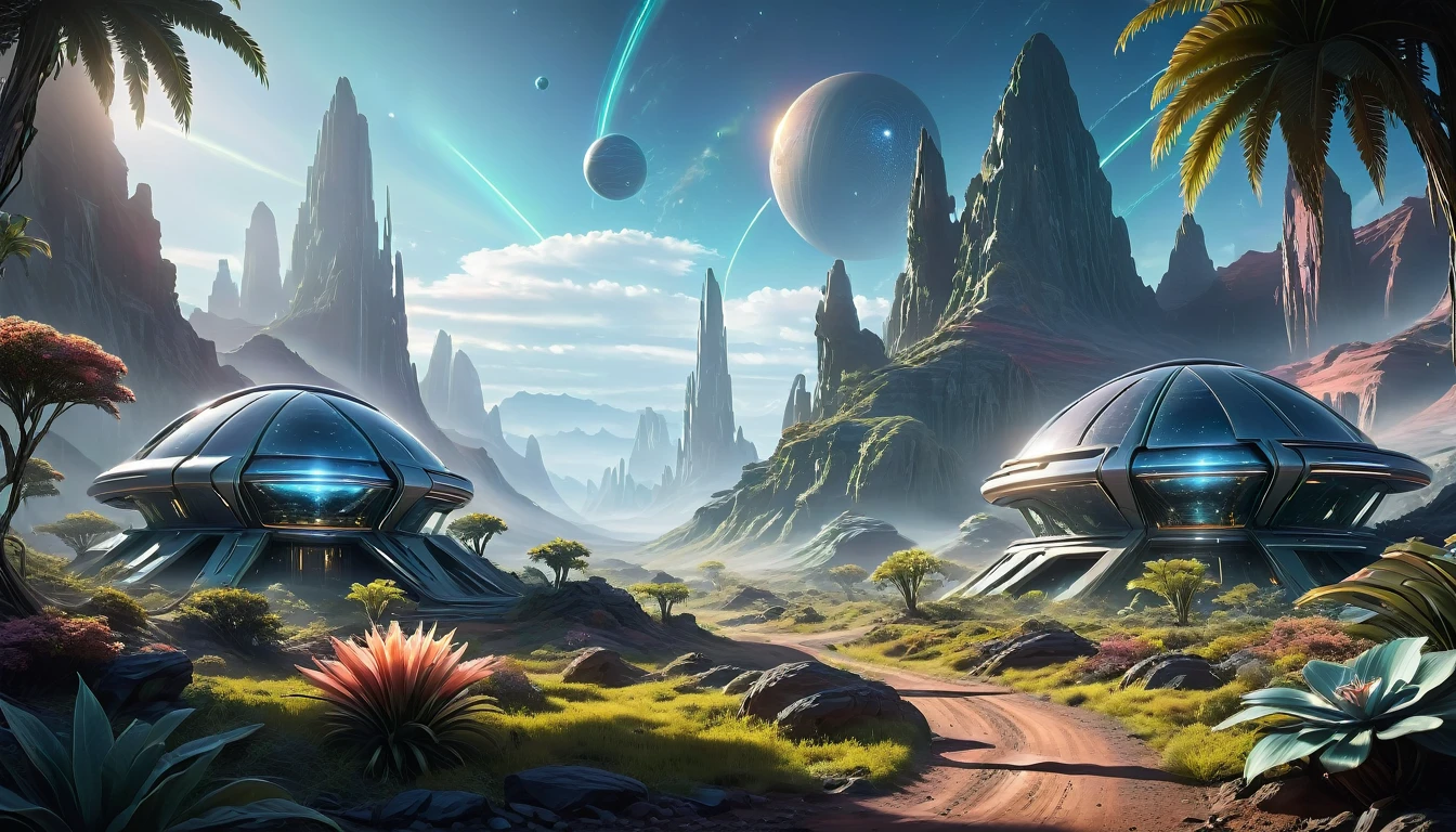 An off-world outpost in the best quality, 4k, 8k, highres, and a masterpiece with a scaling factor of 1.2, presenting ultra-detailed and realistic visuals. The outpost is set in an unknown distant planet, revealing a highly advanced civilization and cutting-edge technology. The main focus is a futuristic structure, gleaming with metallic materials and smooth surfaces. Its architectural design showcases a blend of geometric precision and organic curves, suggesting both elegance and efficiency. The outpost stands tall, emitting a soft, neon-like glow that contrasts beautifully with the dark, mysterious landscape surrounding it. A bustling atmosphere fills the scene, with fully rendered humanoid robots gliding seamlessly through the environment. Their sophisticated appearances include intricate details such as glistening circuit patterns and delicately moving joints. The robots efficiently perform tasks, demonstrating their seamless integration into the outpost's operations. In the background, sprawling alien flora can be seen, with vibrant colors and unusual shapes. These plants emit a subtle bioluminescent glow, creating an otherworldly ambiance. The air is tinged with a mix of fresh scents and metallic undertones, suggesting the presence of advanced life-support systems within the outpost. The lighting in the scene is atmospheric and captivating. Variations of soft, diffused light pour from strategically placed sources, casting gentle shadows that enhance the three-dimensional feel of the outpost and its surroundings. The interplay of light and shadow adds depth and realism to the visual narrative. The overall color palette is a harmonious blend of cool and warm tones. The metallic structures exhibit shades of metallic silver and hints of iridescent blues, evoking a sense of technological advancement and sophistication. The surrounding landscape and alien flora feature soft pastel hues, showcasing the beauty and diversity of the off-world environment.
Preparing