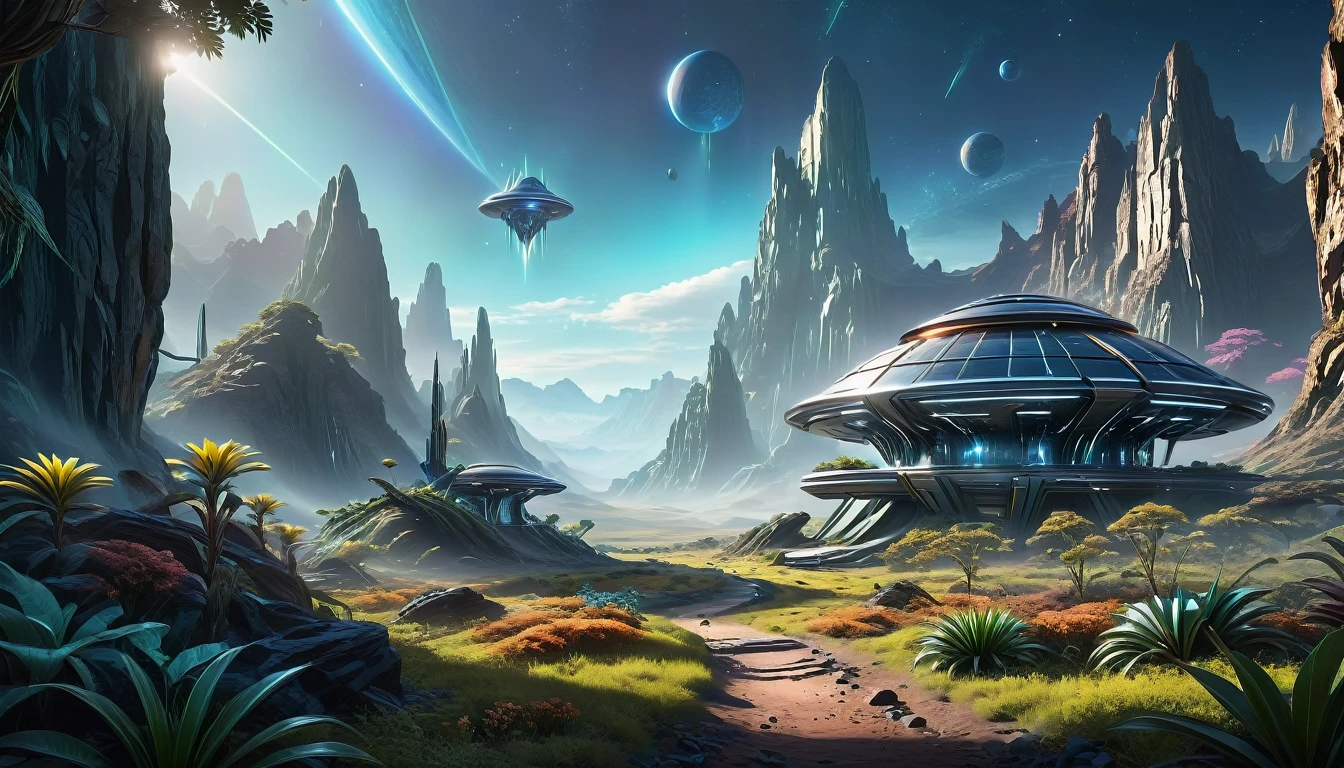 An off-world outpost in the best quality, 4k, 8k, highres, and a masterpiece with a scaling factor of 1.2, presenting ultra-detailed and realistic visuals. The outpost is set in an unknown distant planet, revealing a highly advanced civilization and cutting-edge technology. The main focus is a futuristic structure, gleaming with metallic materials and smooth surfaces. Its architectural design showcases a blend of geometric precision and organic curves, suggesting both elegance and efficiency. The outpost stands tall, emitting a soft, neon-like glow that contrasts beautifully with the dark, mysterious landscape surrounding it. A bustling atmosphere fills the scene, with fully rendered humanoid robots gliding seamlessly through the environment. Their sophisticated appearances include intricate details such as glistening circuit patterns and delicately moving joints. The robots efficiently perform tasks, demonstrating their seamless integration into the outpost's operations. In the background, sprawling alien flora can be seen, with vibrant colors and unusual shapes. These plants emit a subtle bioluminescent glow, creating an otherworldly ambiance. The air is tinged with a mix of fresh scents and metallic undertones, suggesting the presence of advanced life-support systems within the outpost. The lighting in the scene is atmospheric and captivating. Variations of soft, diffused light pour from strategically placed sources, casting gentle shadows that enhance the three-dimensional feel of the outpost and its surroundings. The interplay of light and shadow adds depth and realism to the visual narrative. The overall color palette is a harmonious blend of cool and warm tones. The metallic structures exhibit shades of metallic silver and hints of iridescent blues, evoking a sense of technological advancement and sophistication. The surrounding landscape and alien flora feature soft pastel hues, showcasing the beauty and diversity of the off-world environment.
Preparing 
