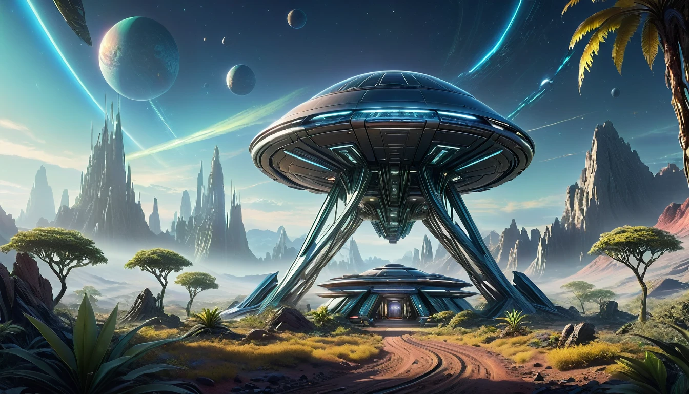 An off-world outpost in the best quality, 4k, 8k, highres, and a masterpiece with a scaling factor of 1.2, presenting ultra-detailed and realistic visuals. The outpost is set in an unknown distant planet, revealing a highly advanced civilization and cutting-edge technology. The main focus is a futuristic structure, gleaming with metallic materials and smooth surfaces. Its architectural design showcases a blend of geometric precision and organic curves, suggesting both elegance and efficiency. The outpost stands tall, emitting a soft, neon-like glow that contrasts beautifully with the dark, mysterious landscape surrounding it. A bustling atmosphere fills the scene, with fully rendered humanoid robots gliding seamlessly through the environment. Their sophisticated appearances include intricate details such as glistening circuit patterns and delicately moving joints. The robots efficiently perform tasks, demonstrating their seamless integration into the outpost's operations. In the background, sprawling alien flora can be seen, with vibrant colors and unusual shapes. These plants emit a subtle bioluminescent glow, creating an otherworldly ambiance. The air is tinged with a mix of fresh scents and metallic undertones, suggesting the presence of advanced life-support systems within the outpost. The lighting in the scene is atmospheric and captivating. Variations of soft, diffused light pour from strategically placed sources, casting gentle shadows that enhance the three-dimensional feel of the outpost and its surroundings. The interplay of light and shadow adds depth and realism to the visual narrative. The overall color palette is a harmonious blend of cool and warm tones. The metallic structures exhibit shades of metallic silver and hints of iridescent blues, evoking a sense of technological advancement and sophistication. The surrounding landscape and alien flora feature soft pastel hues, showcasing the beauty and diversity of the off-world environment.
Preparing