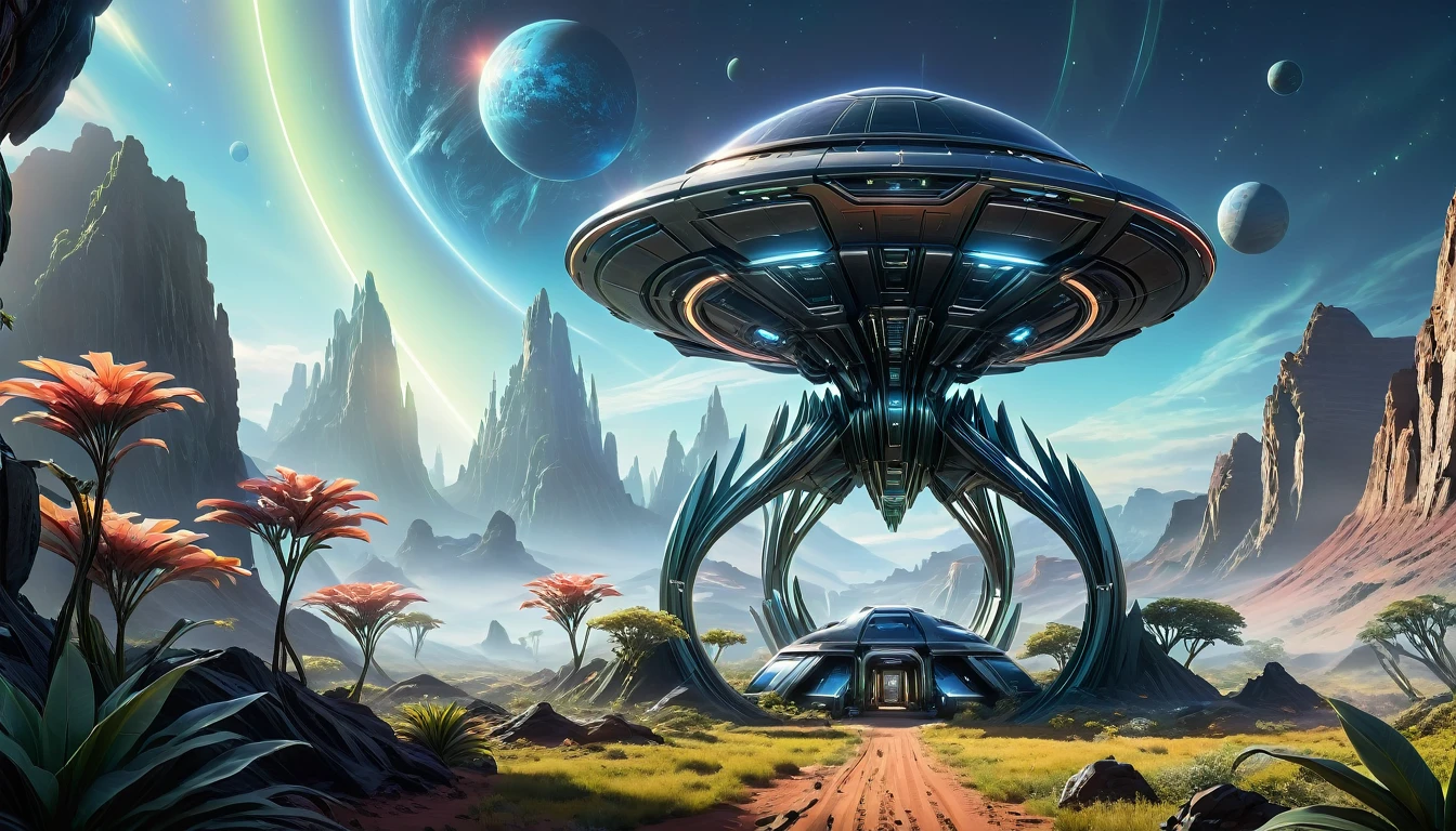 An off-world outpost in the best quality, 4k, 8k, highres, and a masterpiece with a scaling factor of 1.2, presenting ultra-detailed and realistic visuals. The outpost is set in an unknown distant planet, revealing a highly advanced civilization and cutting-edge technology. The main focus is a futuristic structure, gleaming with metallic materials and smooth surfaces. Its architectural design showcases a blend of geometric precision and organic curves, suggesting both elegance and efficiency. The outpost stands tall, emitting a soft, neon-like glow that contrasts beautifully with the dark, mysterious landscape surrounding it. A bustling atmosphere fills the scene, with fully rendered humanoid robots gliding seamlessly through the environment. Their sophisticated appearances include intricate details such as glistening circuit patterns and delicately moving joints. The robots efficiently perform tasks, demonstrating their seamless integration into the outpost's operations. In the background, sprawling alien flora can be seen, with vibrant colors and unusual shapes. These plants emit a subtle bioluminescent glow, creating an otherworldly ambiance. The air is tinged with a mix of fresh scents and metallic undertones, suggesting the presence of advanced life-support systems within the outpost. The lighting in the scene is atmospheric and captivating. Variations of soft, diffused light pour from strategically placed sources, casting gentle shadows that enhance the three-dimensional feel of the outpost and its surroundings. The interplay of light and shadow adds depth and realism to the visual narrative. The overall color palette is a harmonious blend of cool and warm tones. The metallic structures exhibit shades of metallic silver and hints of iridescent blues, evoking a sense of technological advancement and sophistication. The surrounding landscape and alien flora feature soft pastel hues, showcasing the beauty and diversity of the off-world environment.
Preparing