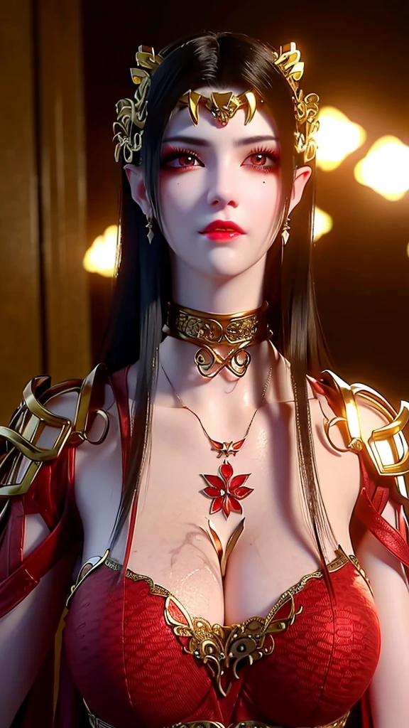1 very beautiful queen medusha in hanfu dress, thin red silk shirt with many yellow motifs, black lace top, long hair dyed black, beautiful hair jewelry, pretty face pretty and cute, perfect face, earring jewelry, head and hair jewelry, antique jewelry, big red eyes, sharp eye makeup, meticulous makeup eyelashes, thin eyebrows, nose tall, pretty red lips, no smile, pursed lips, rosy cheeks, breast augmentation, wide breasts, big breasts, well-proportioned breasts, slim waist, red mesh stockings with black lace, Chinese hanfu style, fictional art patterns, colors vivid and realistic, RAW photos, realistic photos, ultra-high quality 8k surreal photos, cool photos, (virtual lighting effects: 1.8), 10x pixels, magic effects (background): 1.8), super detailed eyes, beautiful girl body portrait, girl alone, ancient hanfu background, looking directly at the audience, wide original photo, 8k quality, super sharp, detailed and clear picture best, detailed light background,