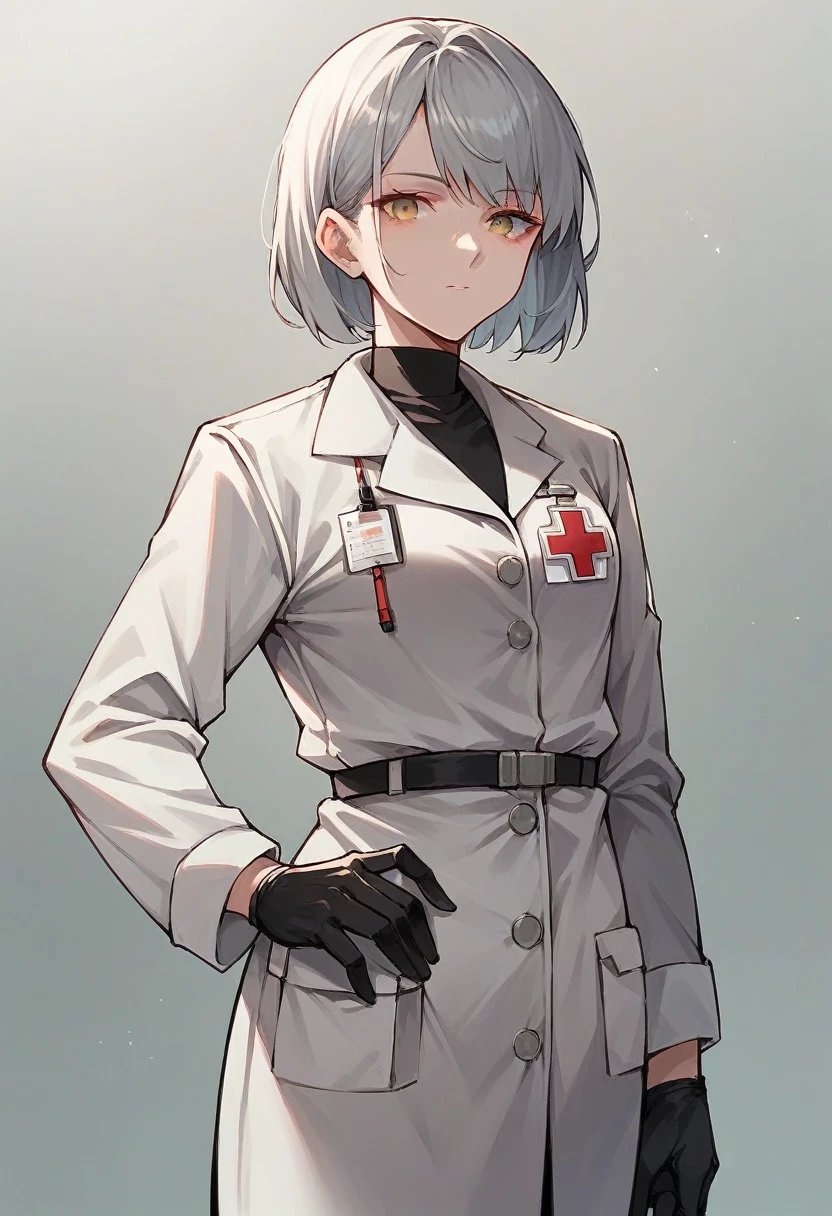 1girl, bangs, ((black medical gloves)), ((((long sleeves)))), looking at viewer, ((gray doctor outfit)), standing, solo