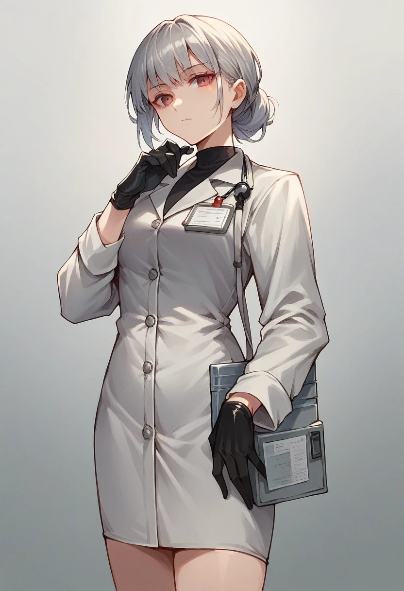 1girl, bangs, ((black medical gloves)), ((((long sleeves)))), looking at viewer, ((gray doctor outfit)), standing, solo