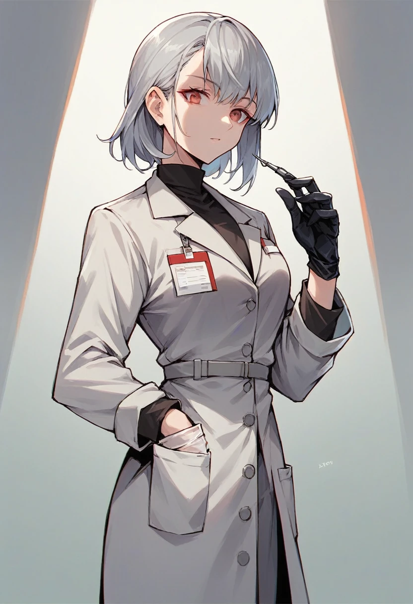 1girl, bangs, ((black medical gloves)), ((((long sleeves)))), looking at viewer, ((gray doctor outfit)), standing, solo