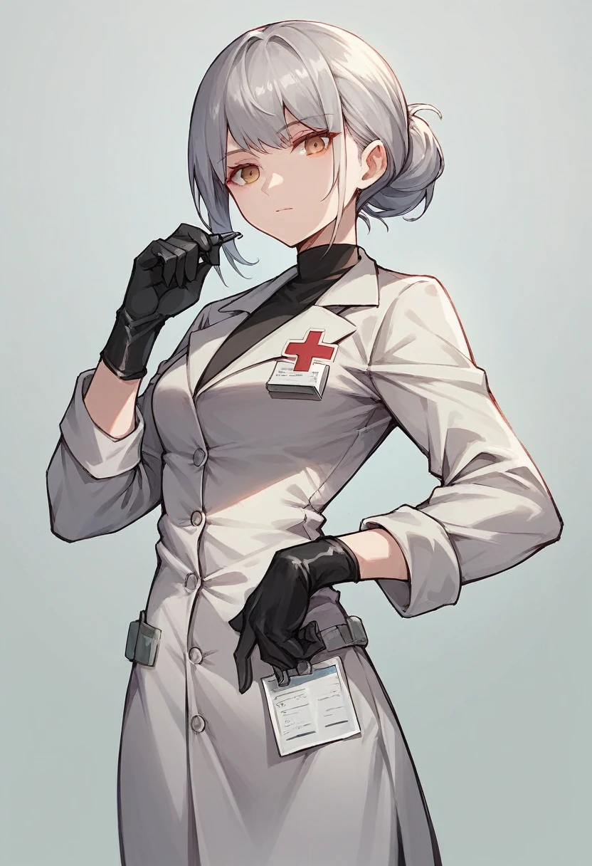 1girl, bangs, ((black medical gloves)), ((((long sleeves)))), looking at viewer, ((gray doctor outfit)), standing, solo
