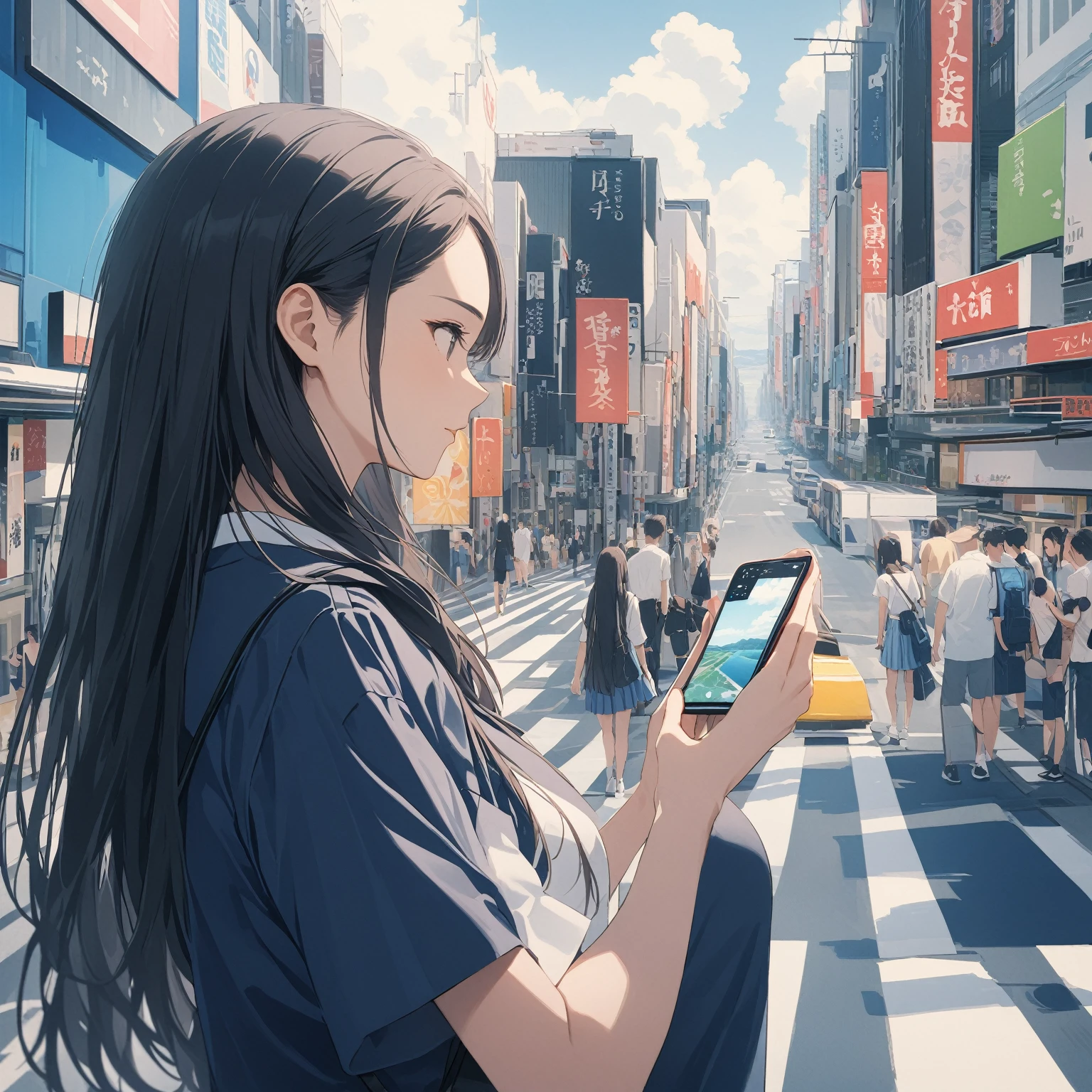 Highest quality, masterpiece, Ultra-high resolution,Landscape, profile, 1 person, Japanese schoolgirl, uniform, Black Hair, long hair, A street like Shibuya in Japan, summer, sunny, Looking down at smartphone, Upper Body, The right move, Five fingers,
