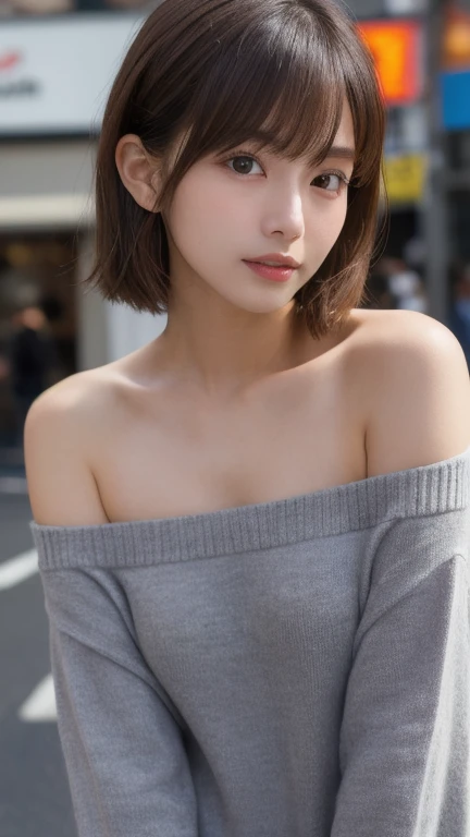 Ultra-high resolution, Superior Quality, Highest quality, Super detailed, Realistic, 8k, RAW Photos, Highest quality, masterpiece, Attractive girl, A wonderful girl, Brown Hair, Shoulder-length layered, Asymmetrical bangs, Japanese Idols, Sophisticated, stylish, Off-the-shoulder tops, Shibuya Ward,