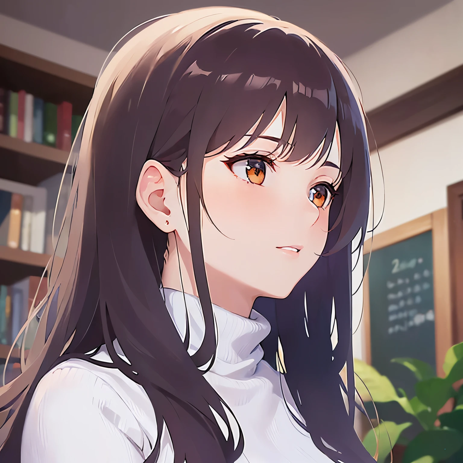 (looking away:1.5)Upper Body, Side view Realistic, real person, (pale skin: 1.2), RAW photo, photorealistic, shiny skin, shiny hair、
(A 25-year-old woman with medium-length hair and bangs) and (wavy hair) and (brown hair) and (orange eyes),
(White turtleneck long sleeve:1.5)
,blush,open mouth.The background is the living room at night
