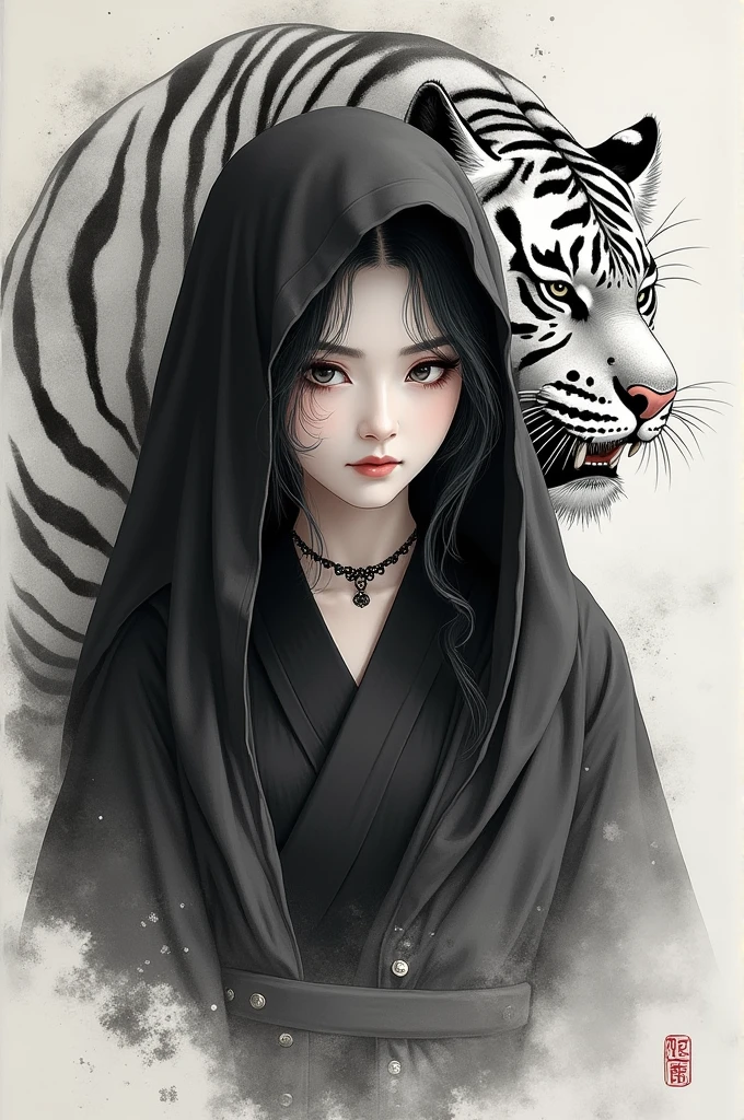(masterpiece, best quality:1.2), 1 girl, Solitary,Two Dimensions,Astonishing,Inspired by Guilin’s myths and legends, China:Liu Sanjie,A bust of A woman 白色的长发,black eyes, A woman, A cloak over his head, Metal jewelry, Serious expression, Attack, Bow your head, Hanfu, Black clothes, icy look in the eye, Loose hair, (Ink stains) Beautiful character painting, Clothing black and white ink style, Delicate skin tone, watercolor, Soft, Martial Arts Styles, Ethnic style, Delicate and beautiful face, belt, Sharp eyesight,Dark Theme,The ferocious beast behind,tiger,Body Movements,whole body,shoe,sock