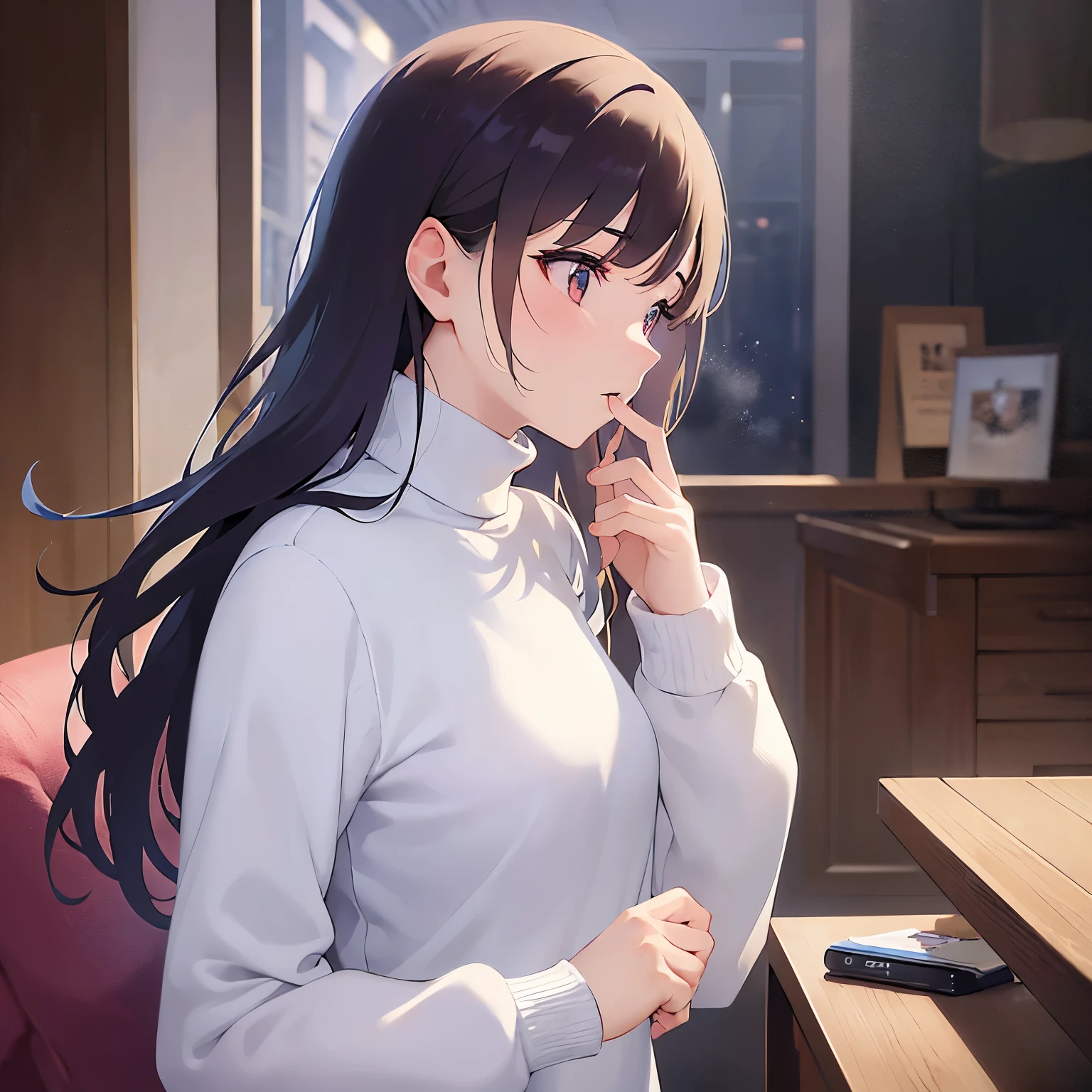 (looking away:1.5)Upper Body, Side view Realistic, real person, (pale skin: 1.2), RAW photo, photorealistic, shiny skin, shiny hair、
(A 25-year-old woman with medium-length hair and bangs) and (wavy hair) and (brown hair) and (orange eyes),
 (White turtleneck long sleeve:1.5)
,blush,open mouth.The background is the living room at night