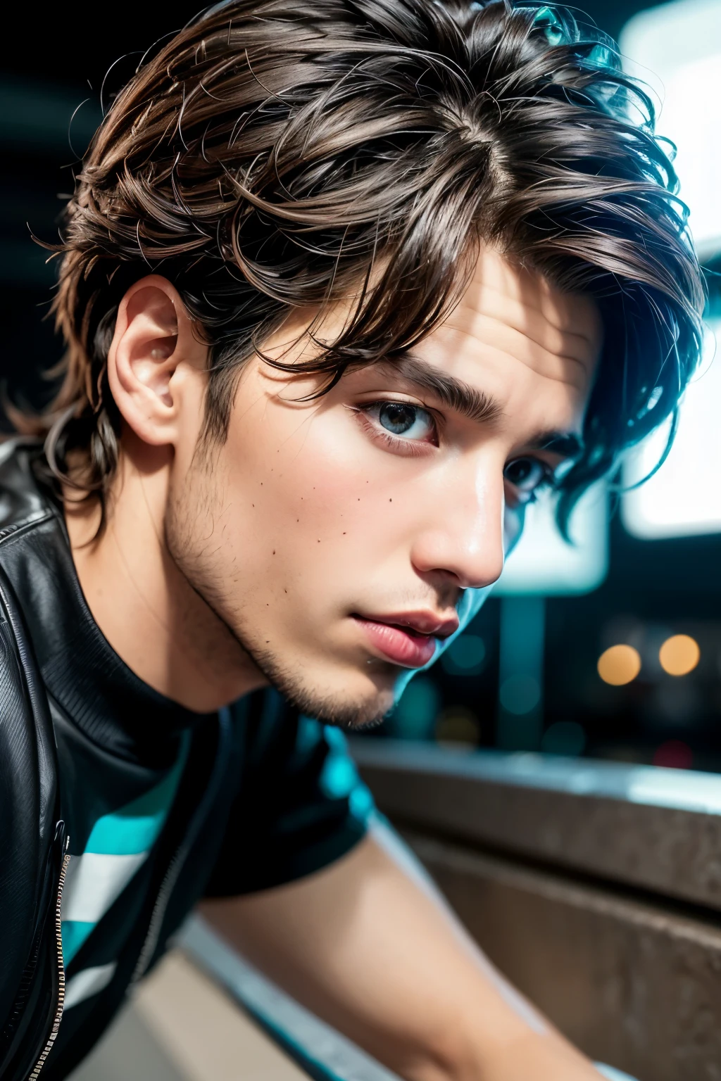 ((best quality)), ((masterpiece)), (detailed), cyberpunk city beground, handsome man(full body), low angle camera view, realistic face(asian brown skin), ((spikes hair))