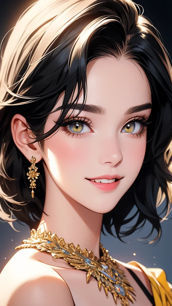 A cute girl,beautiful detailed eyes,beautiful detailed lips, black hair, short hair, yellow eyes, off-solder beautiful dress, extremely detailed eyes and face,long eyelashes, illustration, ultra-detailed, best quality, 4k, 8k, highres, masterpiece:1.2,ultra-fine painting,sharp focus,professional,vivid colors,portraits, noughty smile.