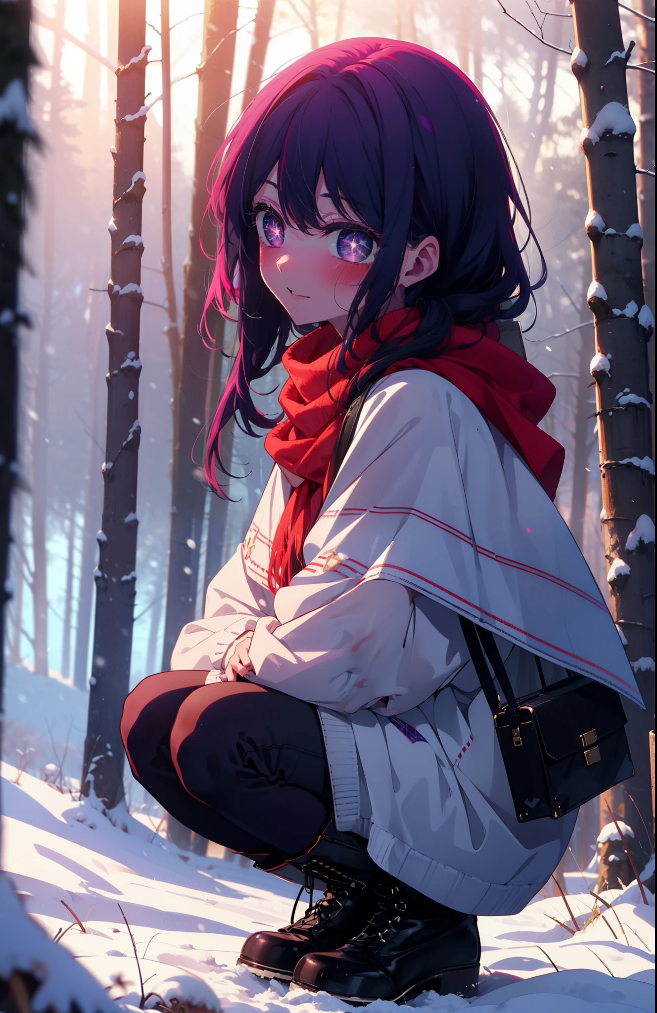 aihoshino, Ai Hoshino, Long Hair, bangs, (Purple eyes:1.1), Purple Hair, (Symbol-shaped pupil:1.5), smile,,smile,blush,white breath,
Open your mouth,snow,Ground bonfire, Outdoor, boots, snowing, From the side, wood, suitcase, Cape, Blurred, , forest, White handbag, nature,  Squat, Mouth closed, Cape, winter, Written boundary depth, Black shoes, red Cape break looking at viewer, Upper Body, whole body, break Outdoor, forest, nature, break (masterpiece:1.2), Highest quality, High resolution, unity 8k wallpaper, (shape:0.8), (Beautiful and beautiful eyes:1.6), Highly detailed face, Perfect lighting, Highly detailed CG, (Perfect hands, Perfect Anatomy),