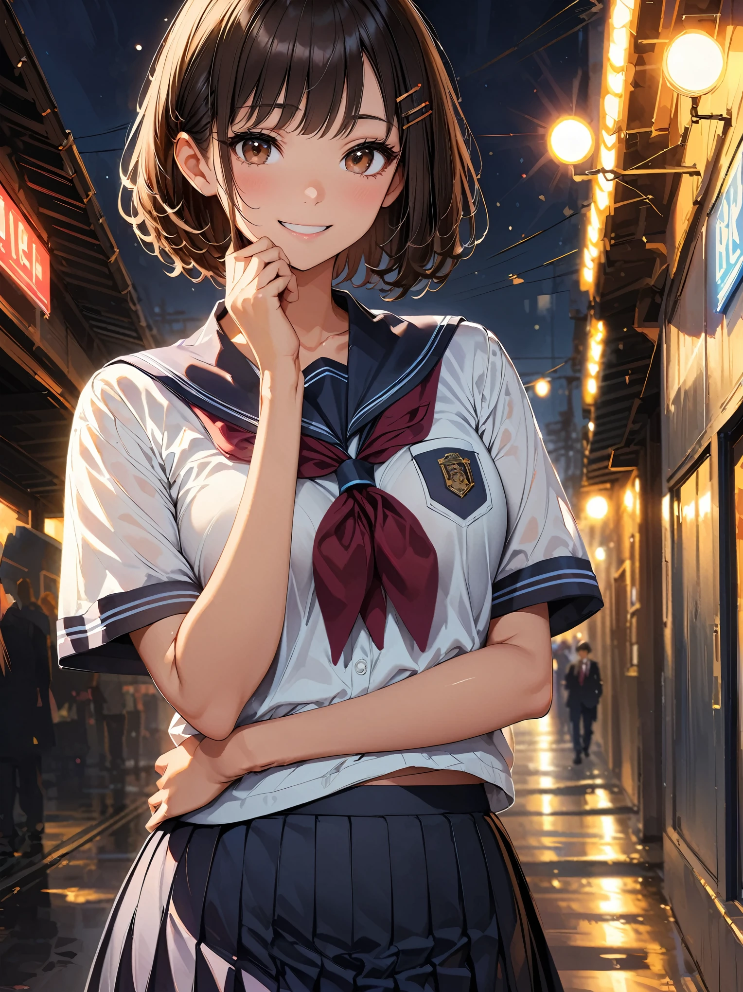 black hair、side drill、hairpin、Tareme、long eyelashes、shy、smile、realism、ハイパーrealism、anime style、cinematic lighting、reflected light、film grain、cowboy shot、Lens flare、Bokeh、highest quality、High resolution、4K、8K、high detail、anatomically correct、(JK、school uniform)。