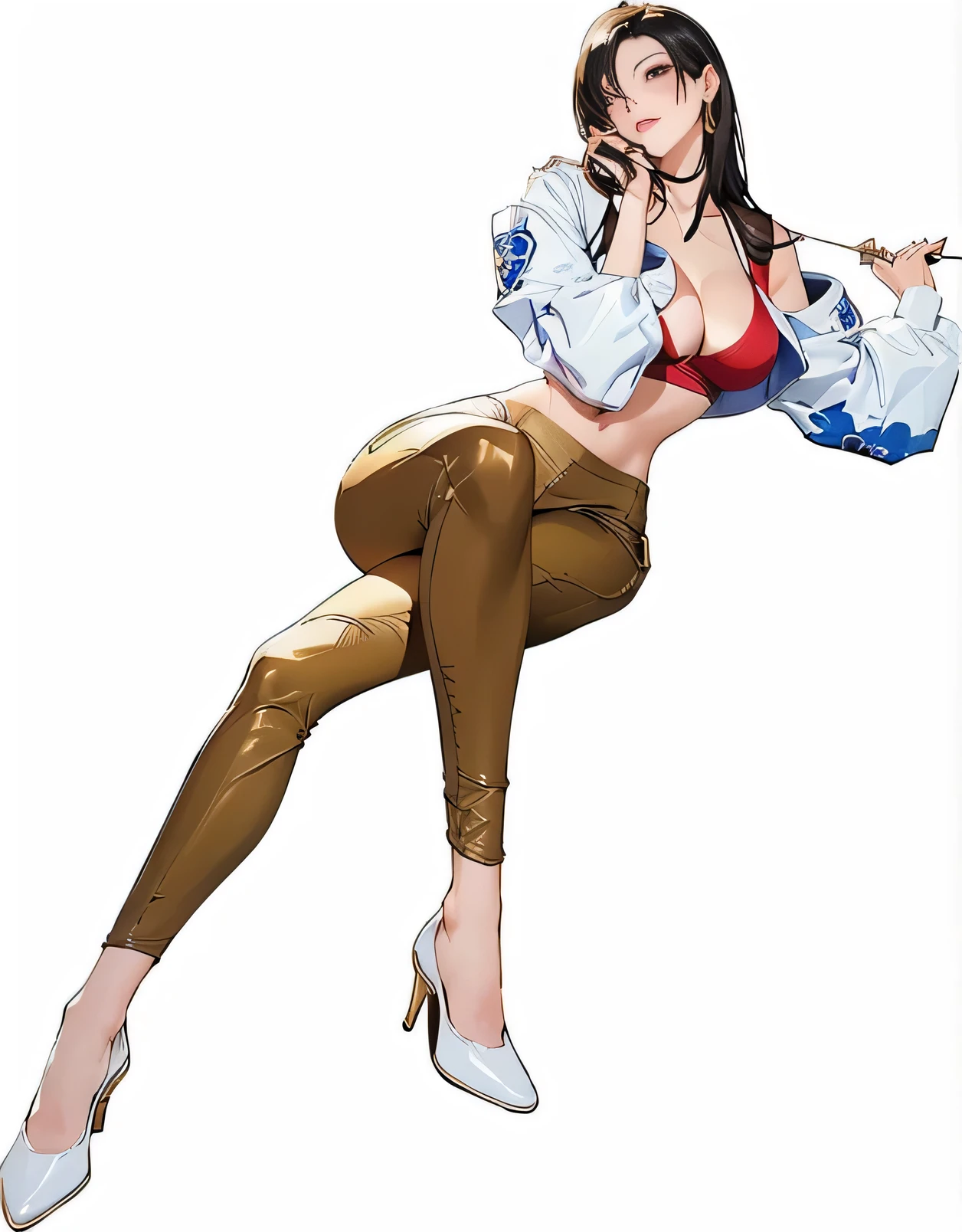 Close up of woman wearing red top and golden pants, Mai Shiranui, Tifa, Faye Valentine, Nico Robin, glamorous Tifa lockheart, Beautiful and charming anime woman, Tifa lockhart, Inspired by Shirow Masamune, pin up, pin up pose, seductive Tifa lockhart portrait, chun li, pin up of tracer from overwatch