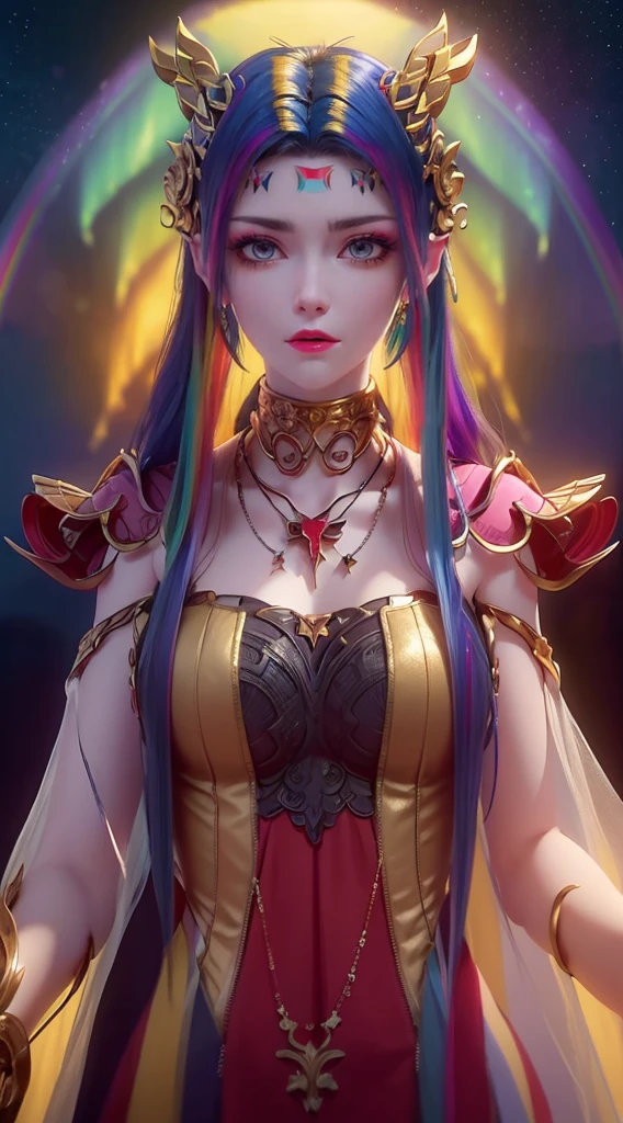 1 20 year old girl, 1 goddess Athena, pink purple silk dress, beautiful goddess Athena face without blemishes, delicate yellow nightgown, long thin sequin nightgown with many sexy black lace details, 1 beautiful thin red silk cloth half veil, female saint legend, female saint icon, beautiful goddess style glitter, dark and mysterious version, small proportioned goddess crown, vermilion lips, plump red lips, not smiling, mouth closed, delicate and beautiful pino detailing, delicate and beautiful lip detail, , (pure and flawless face: 1.9), female saint body, round chest, big and round breasts, phoenix brooch, long flat bangs, (7-color rainbow hair: 1.9), flower stickers tattoo on forehead, beautiful clear face and well-proportioned eyes, (transparent yellow eyes: 1.8), (big round eyes and makeup, sexy wet eye makeup, very beautiful and meticulous hair makeup, long and delicate blonde hair, delicate, body image: 1.8), figure: and vivid, (stars that make up the sky: 1.7), (the sky of heaven and the fictitious gate of time and space: 1.8), fictional art, RAW photos, hanfu photos, best photos, high resolution, best quality, best photos, best goddess quality, 8k female, super 8 single saint portraits, truest color schemes, masterpieces, best beauty brands, best hair jewelry, brand real photo, dark studio, border light, two-tone lighting, (rose white skin: 1.4), (high skin detail: 1.1), 8k uhd, d slr, soft light, 8k, high quality, candid, volume Smooth and sharp, 10x pixel increase, sexy goddess, sexy goddess, (background space: 1.8), (most beautiful aurora eyes: 1.7), beautiful eyes, aurora beautiful and flowery, (beautiful single girl: 1.8), (more details:0.8),
