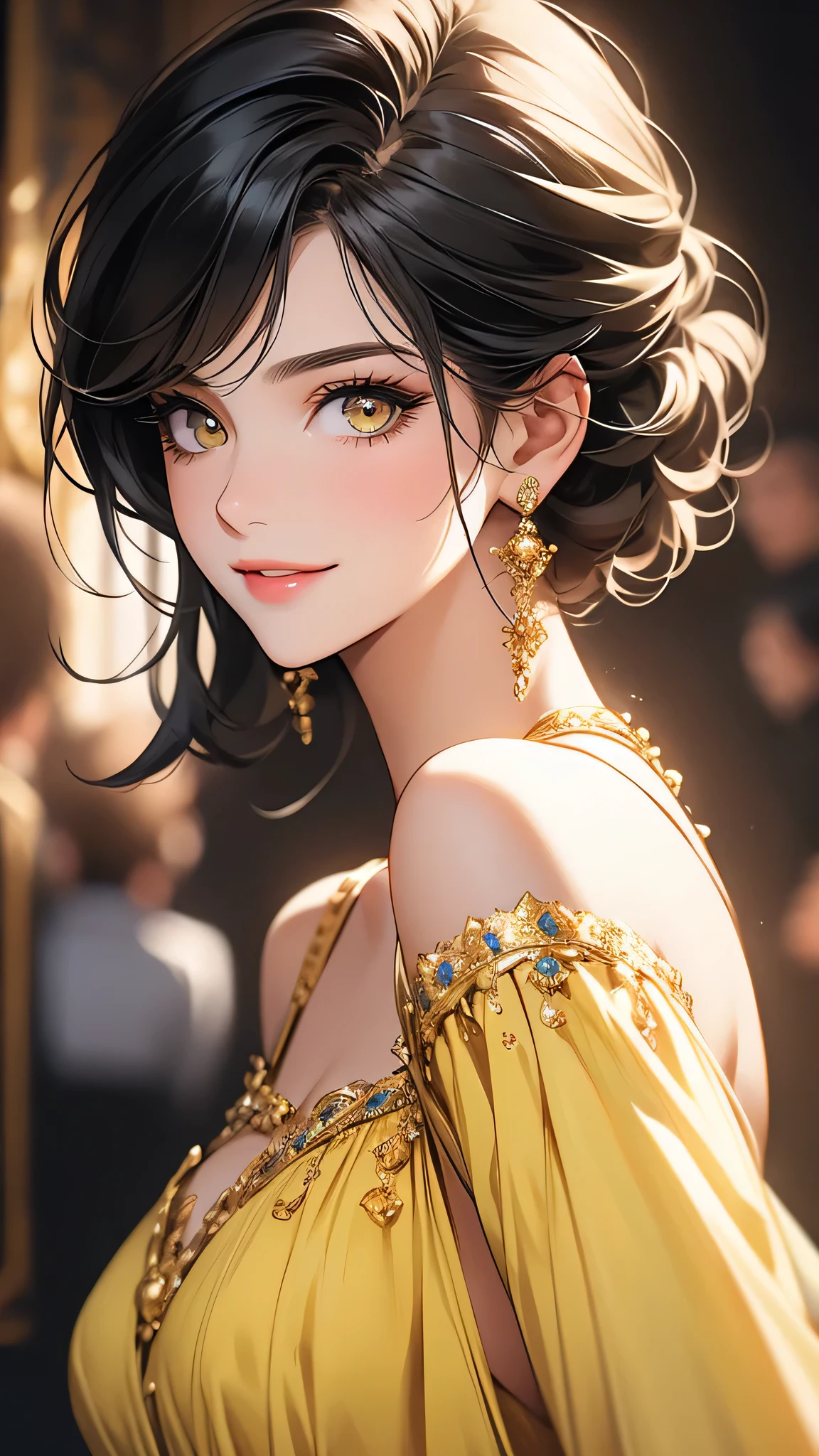 A cute girl,beautiful detailed eyes,beautiful detailed lips, black hair, short hair, yellow eyes, off-solder beautiful dress, extremely detailed eyes and face,long eyelashes, illustration, ultra-detailed, best quality, 4k, 8k, highres, masterpiece:1.2,ultra-fine painting,sharp focus,professional,vivid colors,portraits, noughty smile.