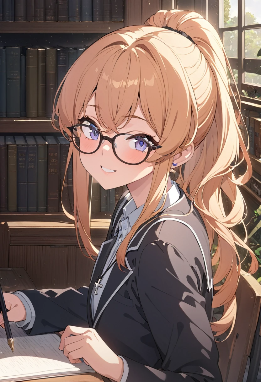 1.5, best quality, high quality, High definition, High quality texture, high detail, beautiful detailed, finely detailed, extremely detailed cg, detailed texture, ((ANIME)), 1girl, woman, female, ((school)), studious, glasses, strawberry blonde hair, ponytail, smiling, cross necklace, library