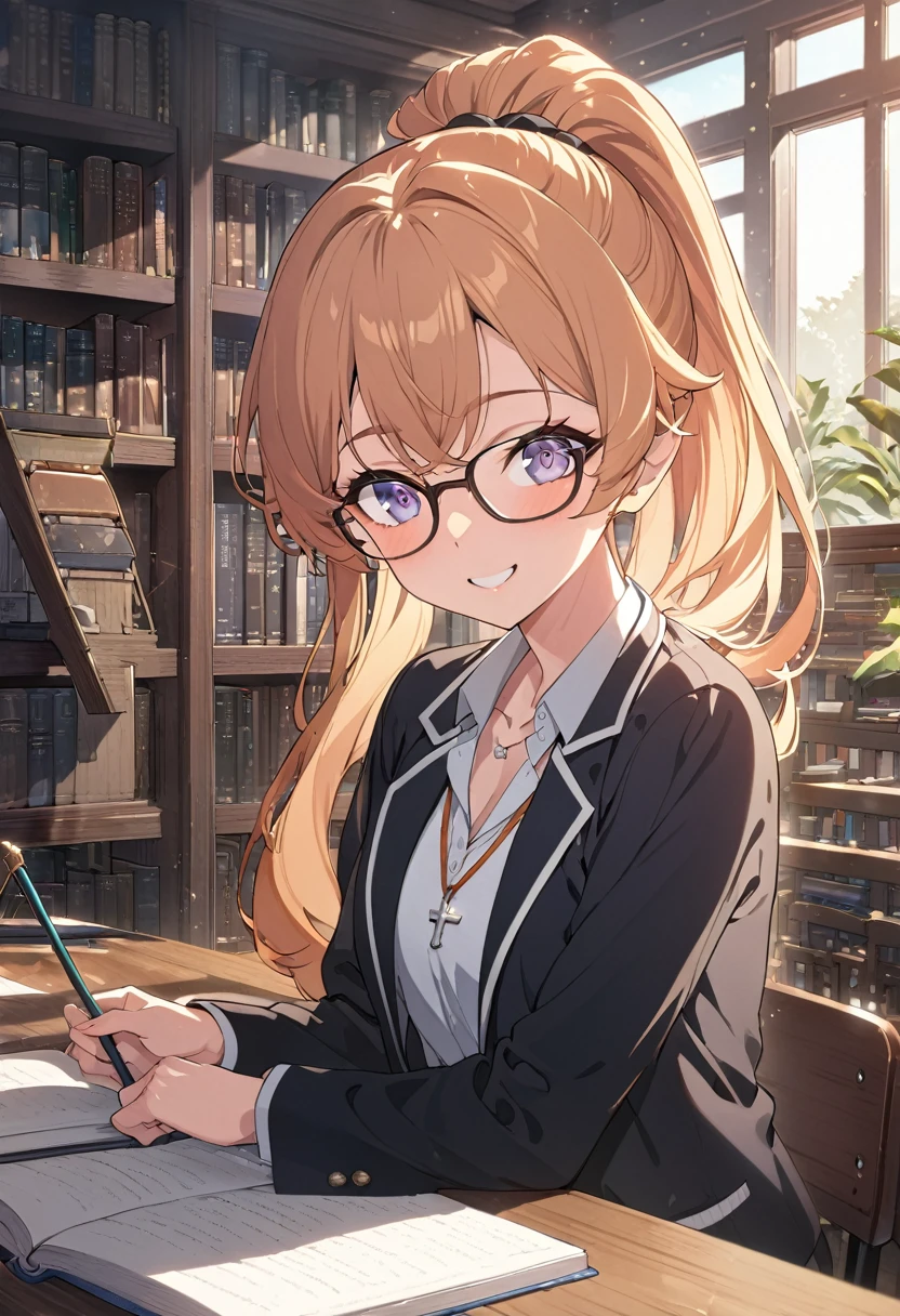1.5, best quality, high quality, High definition, High quality texture, high detail, beautiful detailed, finely detailed, extremely detailed cg, detailed texture, ((ANIME)), 1girl, woman, female, ((school)), studious, glasses, strawberry blonde hair, ponytail, smiling, cross necklace, library
