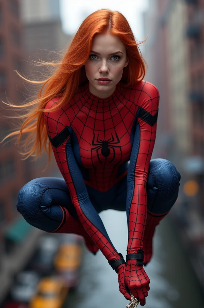 (full body shot:1) photorealistic image of a woman, ultrarealistic, photography, long red hair, woman, 24 years old, hourglass figure, perfect body, Flirty look, natural medium breasts, blur background, wearing a spider-woman suit, swinging through new york on spider-ropes